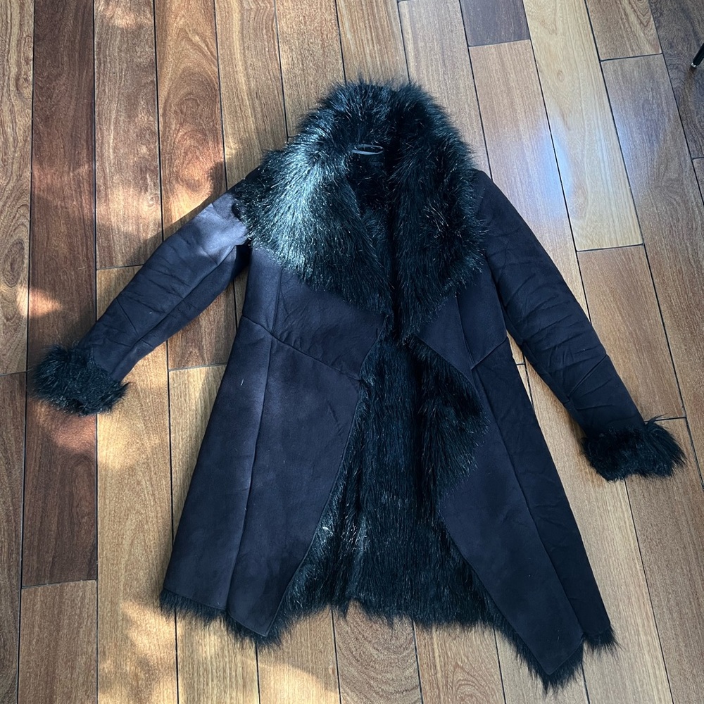 Miss Selfridge Dark Faux Fur Trim Teddy Coat